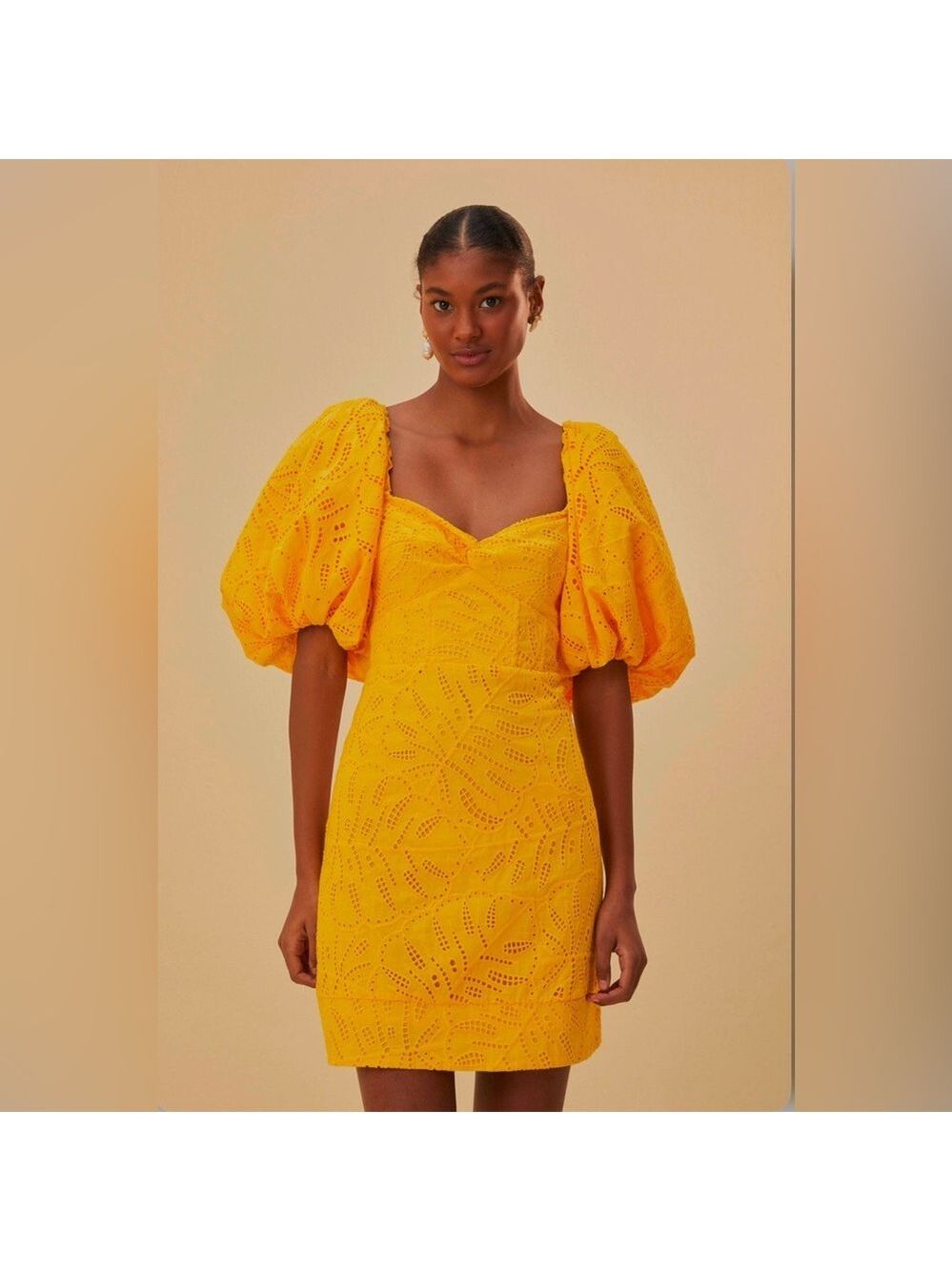 Farm Rio Yellow Monstera Eyelet Short Sleeve Mini Dress